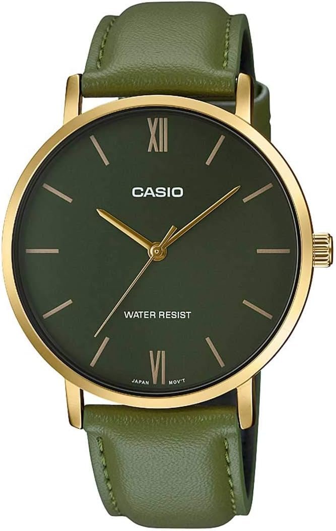Casio MTP-VT01GL-3B Men’s Minimalistic Gold Tone Green Leather Band Green Dial 3-Hand Analog Watch