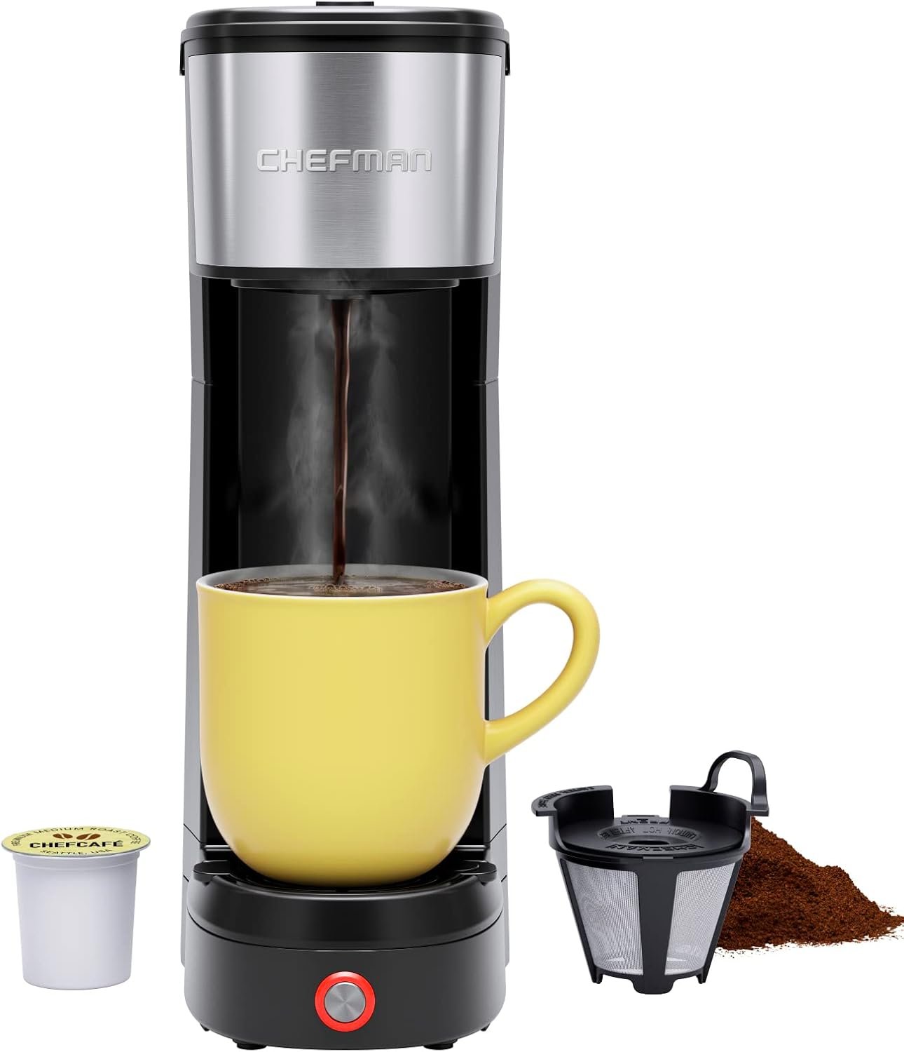 Chefman Single Serve Coffee Maker: K-Cup & Ground Compatible, Single Cup 6-12 oz Portable Drip Coffee Machine with Filter – Perfect for College & Coffee Lovers,Black