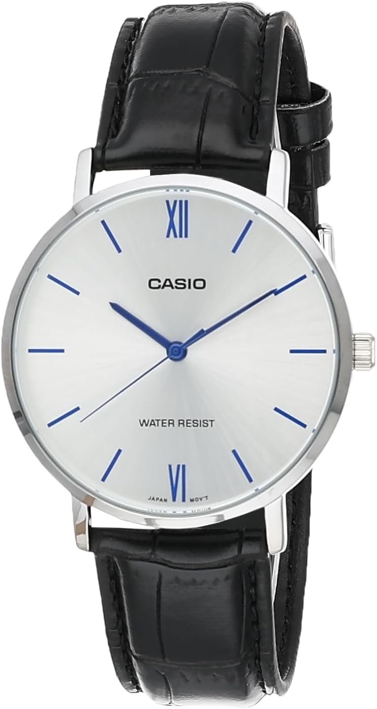 Casio MTP-VT01L-7B1 Men’s Minimalistic Silver Dial Black Leather Band Analog Watch