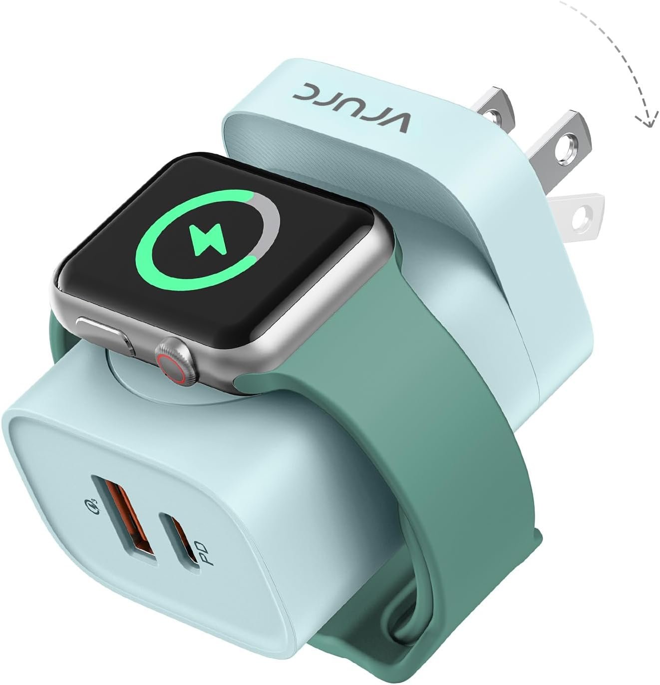 VRURC for Apple Watch Charger, Wireless Magnetic Portable iWatch Charger, PD 20W 3-in-1 Travel Essentials Fast Charging Block for iWatch Ultra/SE/11/10/9/8/7/6/5,iPhone 17/16/15/14/13 etc-Green