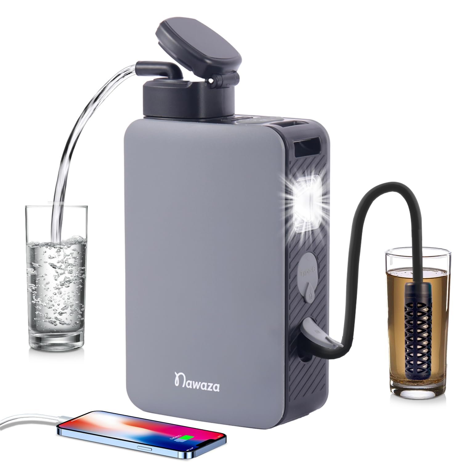 Portable Electric Water Filter – 0.01 Micron Outdoor Camping Water Purifier for Hiking, Camping Water Filtration System Survival，Camping, Travel and Emergency-Grey