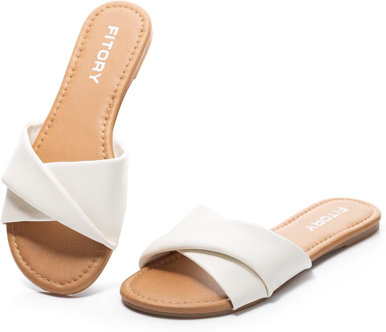 FITORY Women’s Flat Sandals Fashion Slides With Soft Leather Slippers for Summer Size 6-11