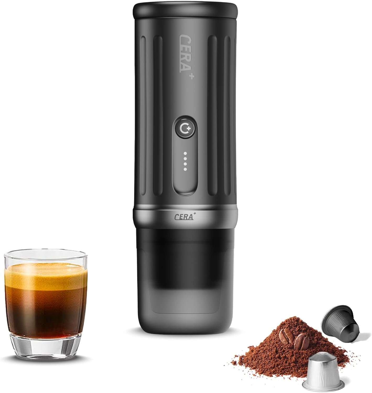 CERA+ Self-Heating Portable Espresso Machine,Up to 8 Cups per Charge & 20 Bar, 13500mAh, CERApresso Works with NS Capsules & Grounds, Electric Coffee Maker for Camping,Hiking,Office,Car,Travel,Office