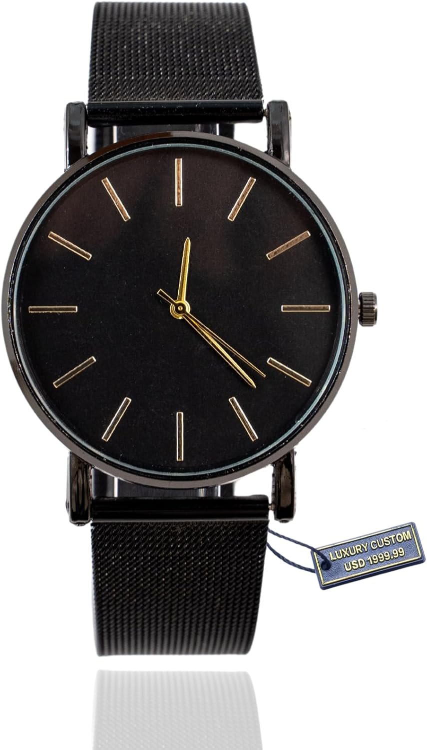 Halukakah Minimalist Stainless Steel Men’s Watch – 24k Real Gold Plated/Platinum Plated Silver/Rhodium Plated Black Watch Band,Black Dial.Comes with Elegant Gift Box