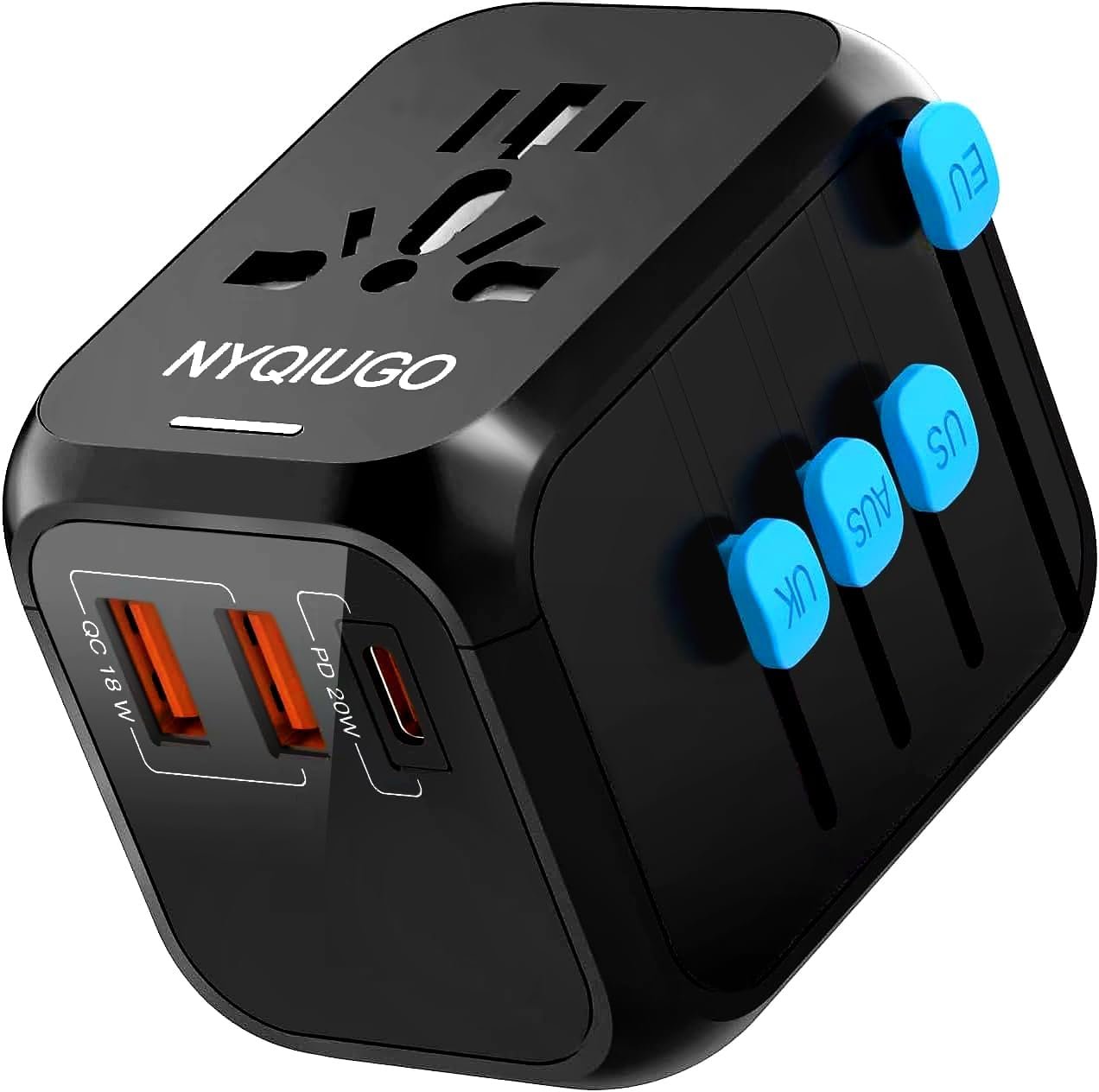 NYQIUGO Universal International Power Travel Plug Adapter with 3 USB Ports (1 USB C), Worldwide Plug Adaptor Wall Charger for USA to Europe UK France Germany Spain Ireland Australia (Type C/G/A/I)