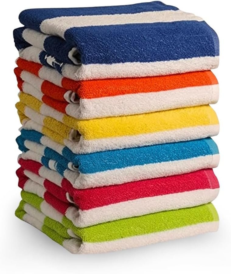 100% Cotton Beach Towels Pack of 6 – Soft, Absorbent & Quick Dry Cabana Striped Pool Towels for Adults – Large, Lightweight, and Durable Cotton Towels for Beach