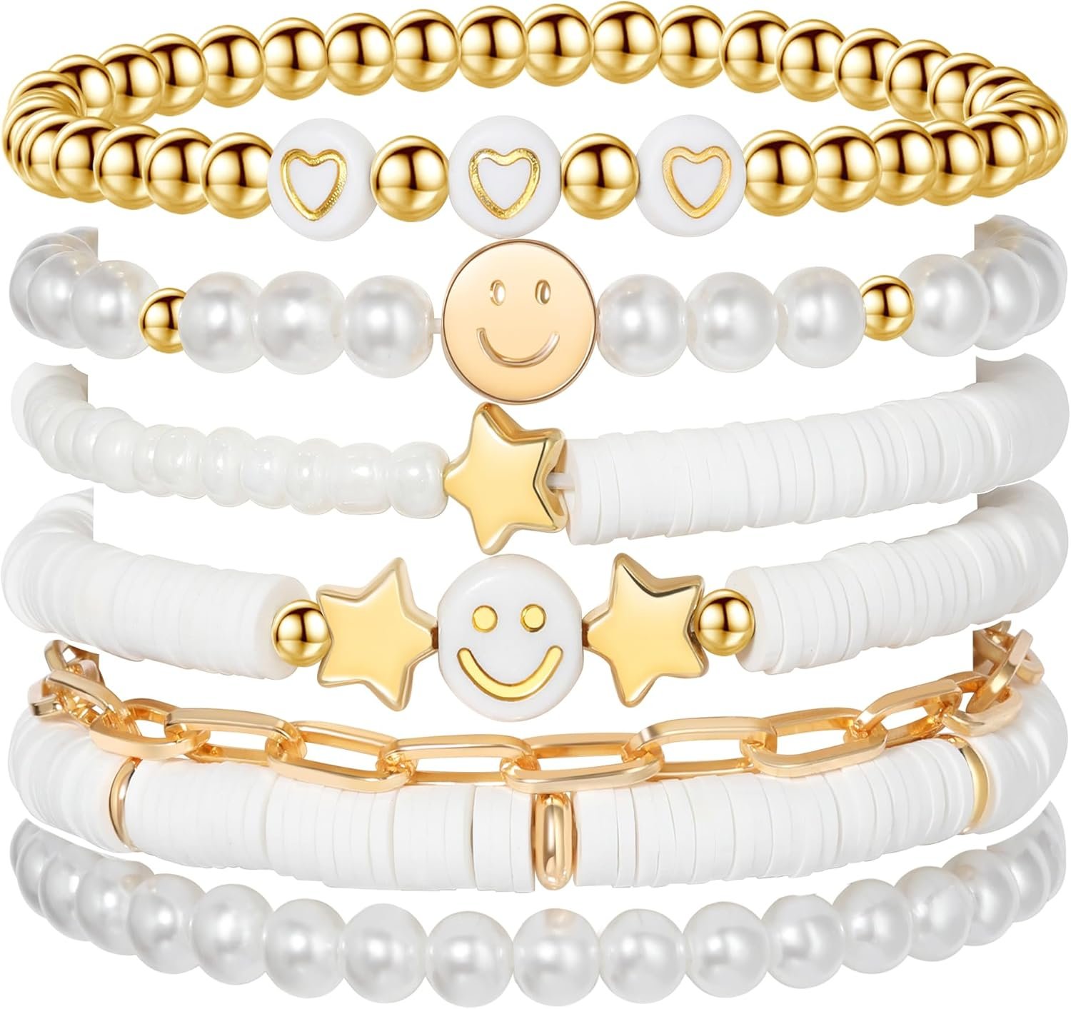 Preppy Bracelets Set Colorful White Gold Smile Heart Star Polymer Beaded Pearl Clay Stackable Charm Y2K Kidcore Aesthetic Summer Beach Bohemian Stretch Layering Bracelets Jewelry for Girls Women Teens