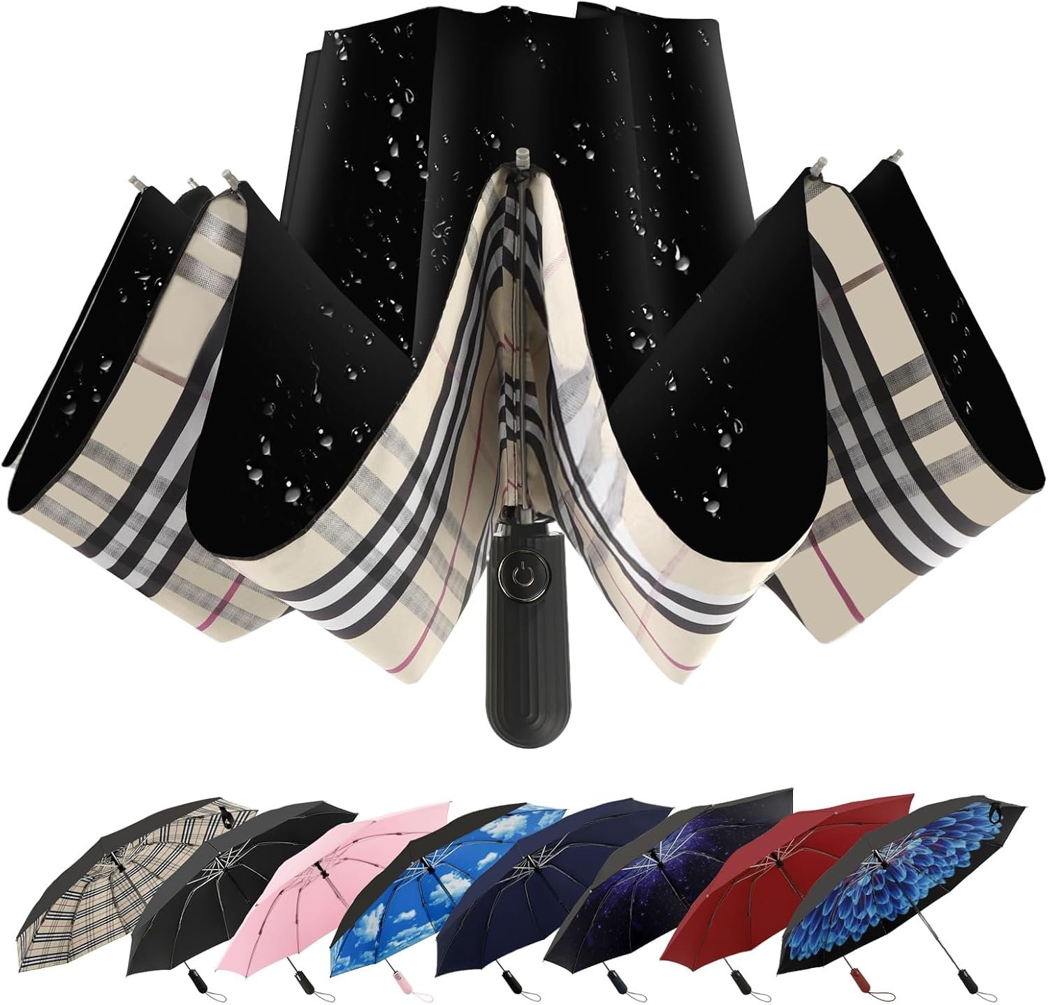 Compact Inverted Travel Umbrella, Automatic Open Close, 9-Rib 46 Inch Windproof Umbrella, Waterproof UPF 50+, Portable Umbrellas for Men, Women, Travel, and Daily Use