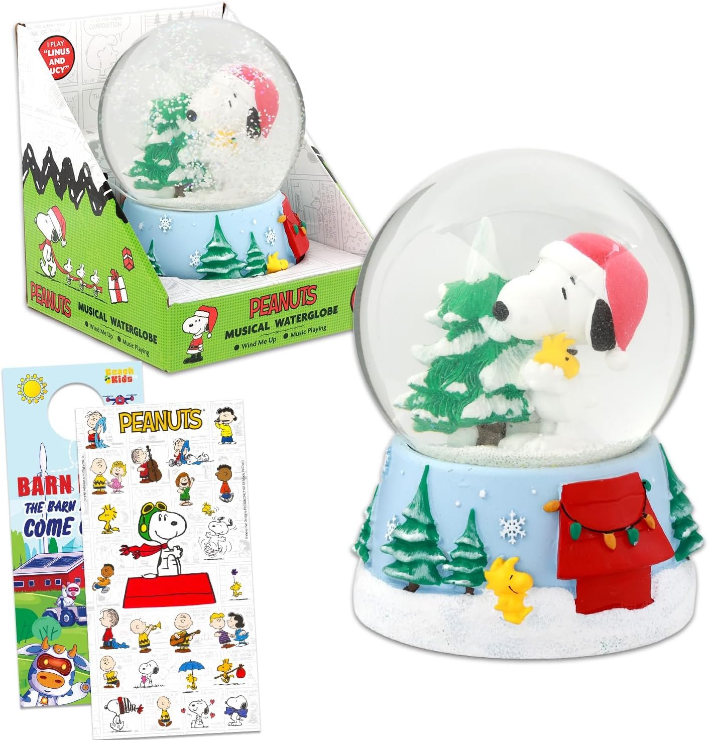 Peanuts Musical Water Globe for The Holidays Set – Bundle of Snoopy Musical Snow Globe, Stickers, More | Snoopy Snow Globe Home Decorations