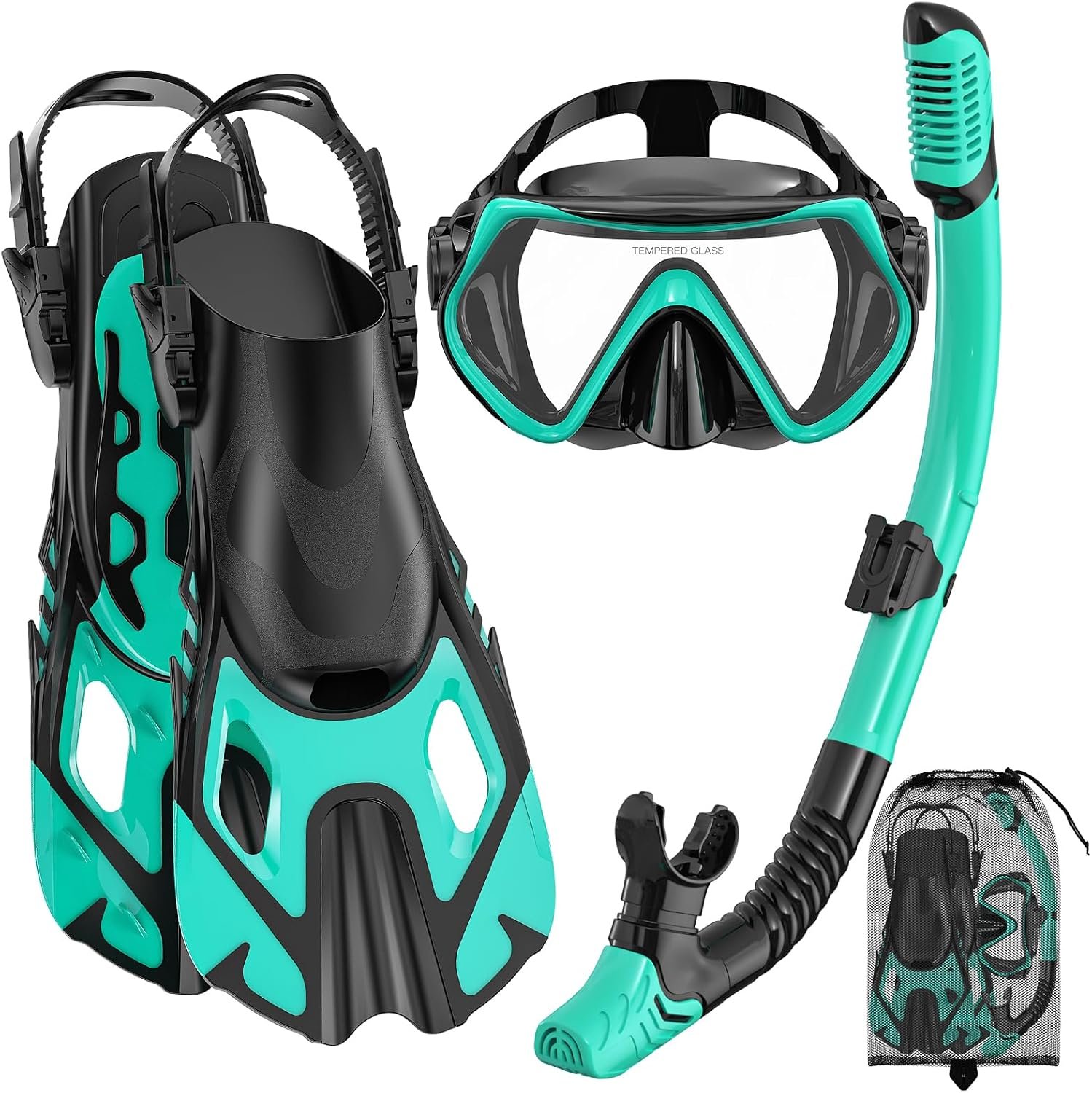 Snorkeling Gear for Adults, Mask Fin Snorkel Set, Dry Top Snorkel, Snorkeling Kit Travel Diving Package, Panoramic View Anti-Fog Anti-Leak Adjustable Swim Fins