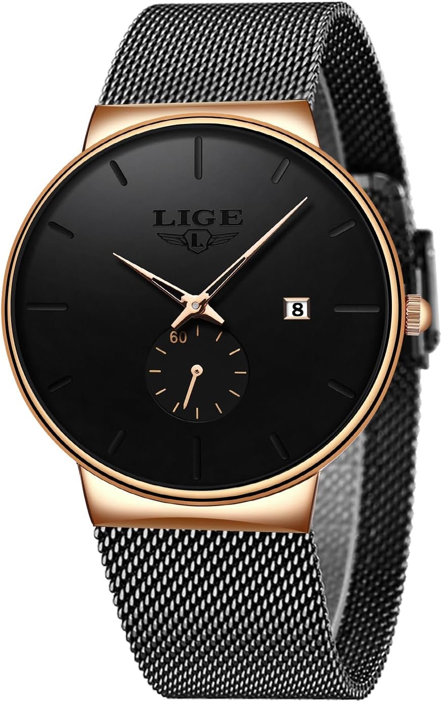 LIGE Wrist Watches for Men Waterproof Dress Vintage Work Casual Stainless Steel 3ATM Water Resistant Japanese Quartz Movement Date Display Business Retro Minimalist Thin Mens Analog Watch