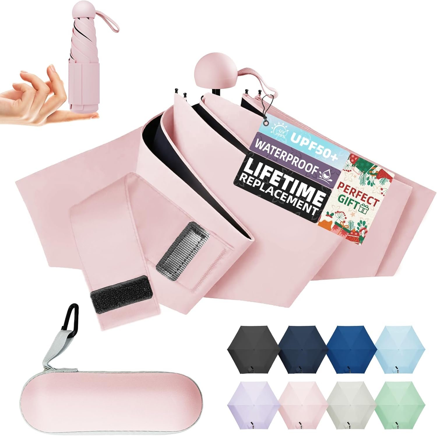 Travel Mini Umbrella Compact Small & Lightweight, UV Rain Protection, Pocket-Sized Folding Umbrellas with Quickdraw & Case for Men Women & Kids Backpack