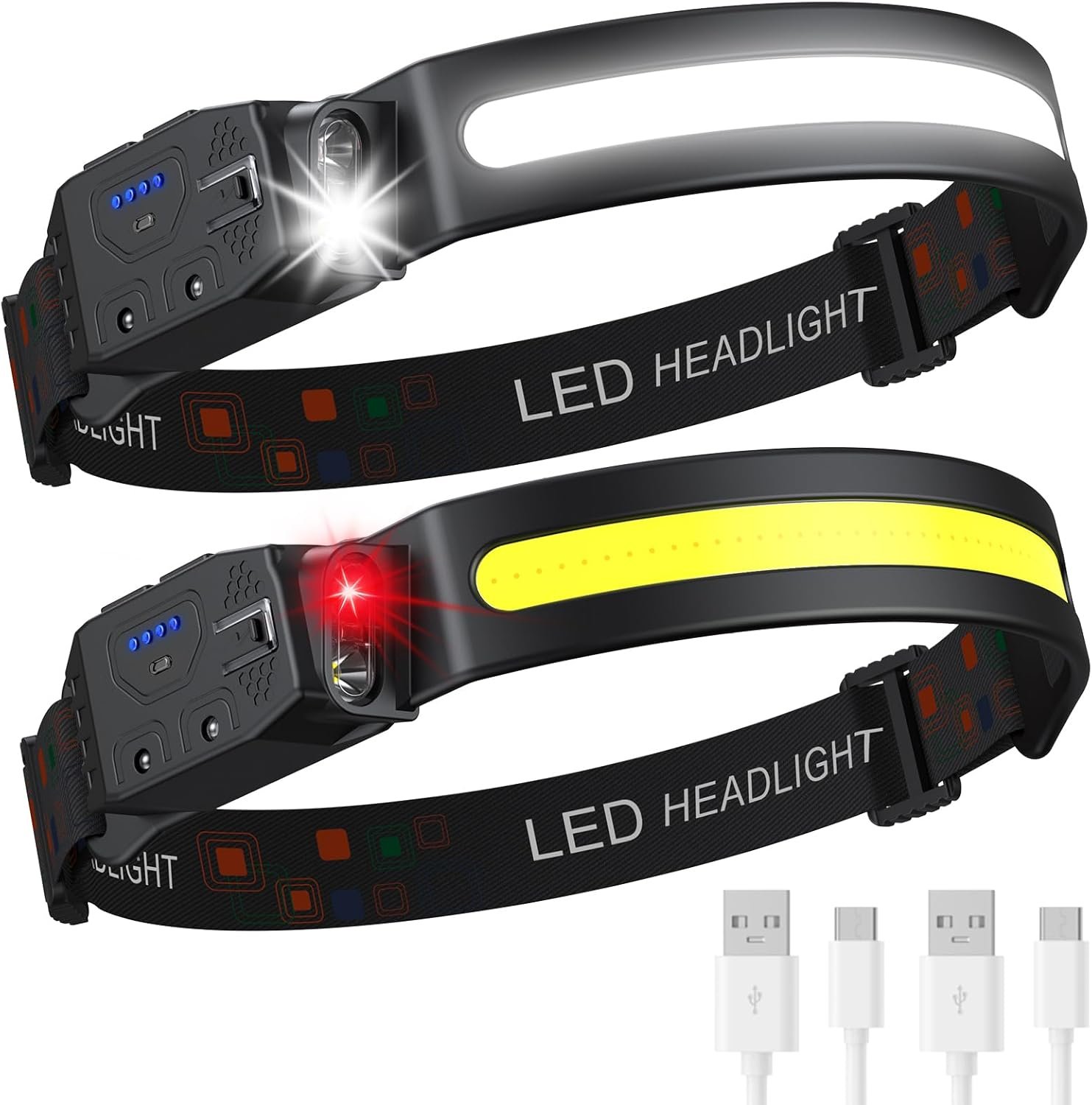 Headlamp Rechargeable 2PCS, 230° Wide Beam High Lumen LED Head Lamp for Adults, Motion Sensor Hard Hat Head Lights for Forehead,6Mode Headlight Flashlight for Camping Fishing Hiking Gear