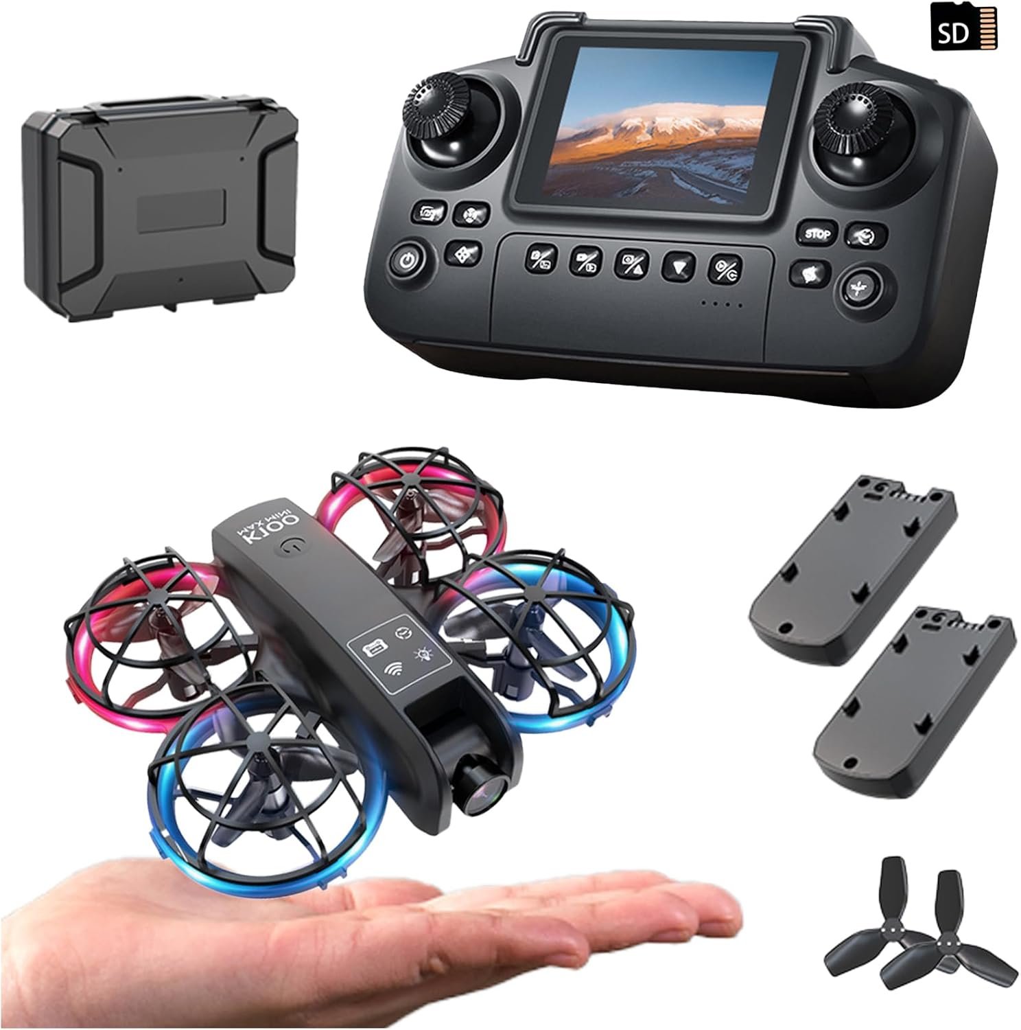 K100 Mini Drone with Screen Controller with SD Card, Two-batteries, Optical Flow Positioning, All-round Protection for Flight Paddles, Suitable for Beginner. (2 batteries – Black)