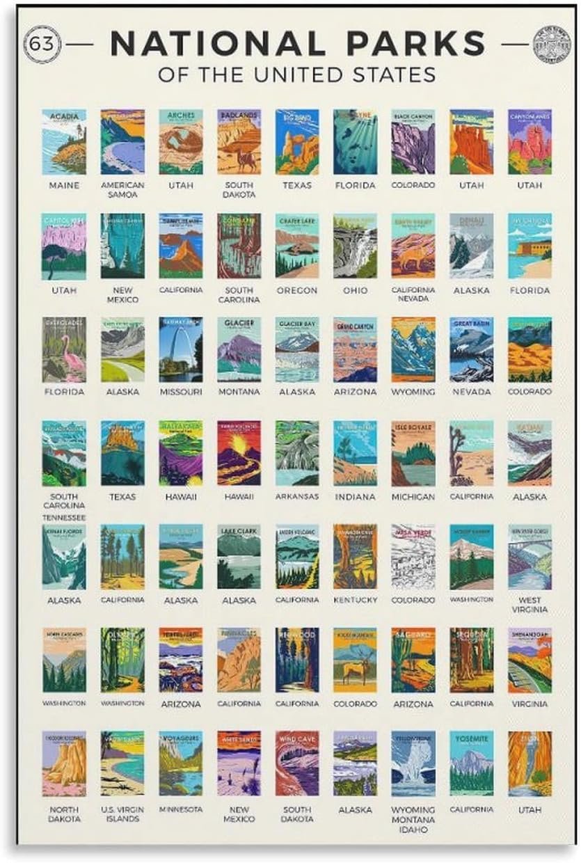 Vintage 63 American National Parks Poster Track Your Travels to Every US National Park Canvas Wall Art Aesthetic Decorative Painting Living Roomstyle 12x18inch(30x45cm)