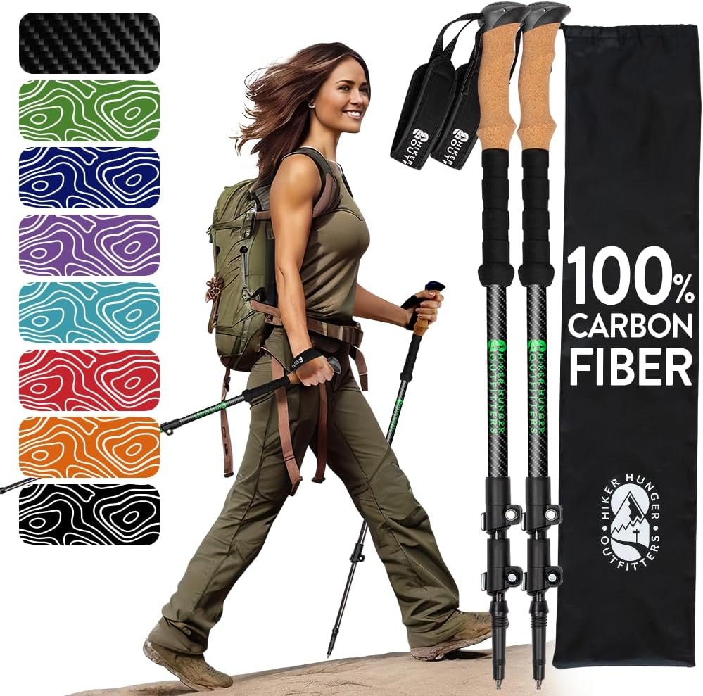 100% Carbon Fiber Trekking Poles by USA Brand – Ultra Strong Lightweight Collapsible Hiking Poles with Cork and EVA Foam Grips & Quick Adjustable Flip Locks