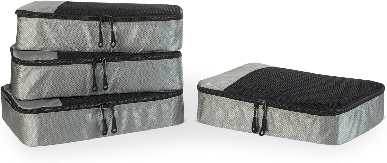 Amazon Essentials 4-Piece Packing Cubes Travel Accessories Set, Luggage Organizer with Double Zipper, Mesh Top, 100% Polyester, Medium, Gray (Previously Amazon Basics)