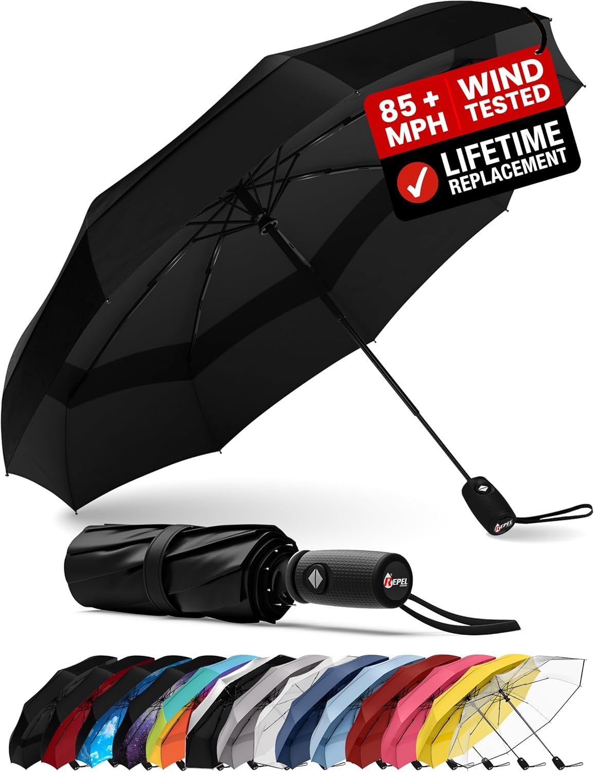 REPEL Windproof Travel Umbrella – Compact & Withstands Winds up to 85MPH , Strongest Premium Auto Folding Umbrella for Rain and Sun – Durable, Light & Portable for Women & Men , Fits Backpack & Cars