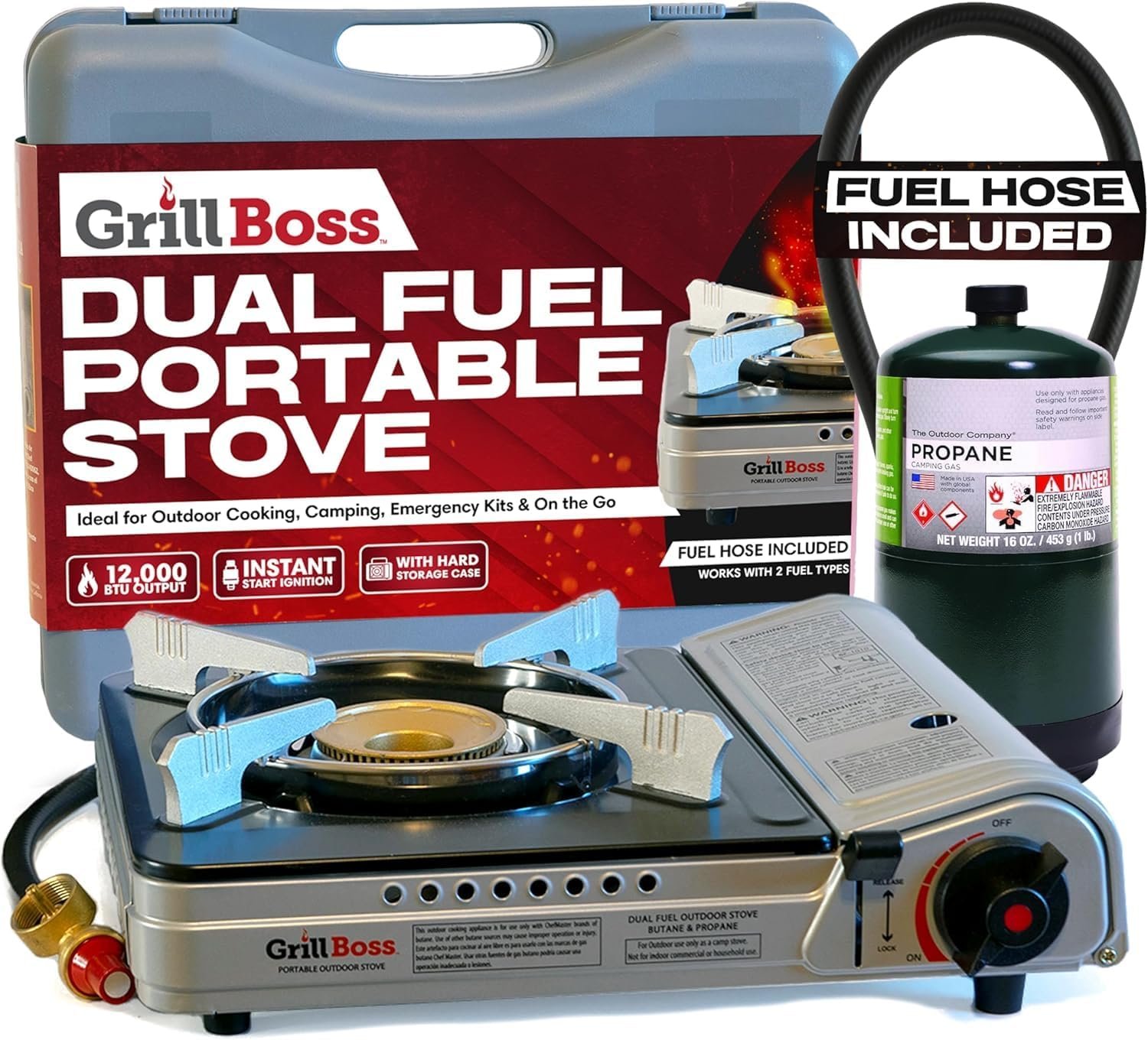Grill Boss Dual Fuel Camp Stove – 12,000 BTU Butane & Propane Portable Stoves for Camping, Emergencies, BBQ, Hiking & Backpacking – Double Wind Guard, Instant Piezo Ignition System – 90057