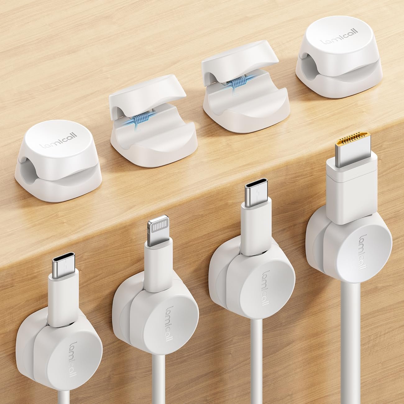 8Pack Cord Organizer [1s Lock] Spring Cable Management Clips – Lamicall Desk Cord Holder, Adhesive Cute Round Cable Clip, Phone Charger Wire Organizer Keeper for Nightstand Car Office Accessory, White