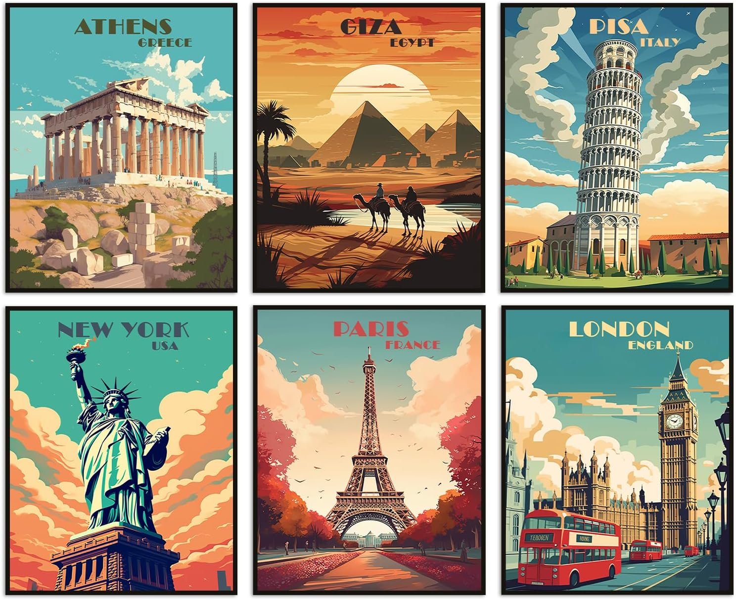 Travel City Posters Trendy Vintage Set of 6 Unframed (8”x10”) Popular Cities Wall Art for Aesthetic Room Decor (Travel City A, 8 x 10)