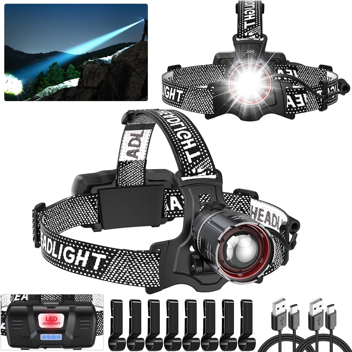 Super Bright Headlamp Rechargeable 2 Pack, High Lumen LED Head Lamp with Motion Sensor, 5 Modes, Zoomable Head Light for Forehead, 90° Adjustable, Waterproof Headlamps for Adults, Hard Hat, Camping