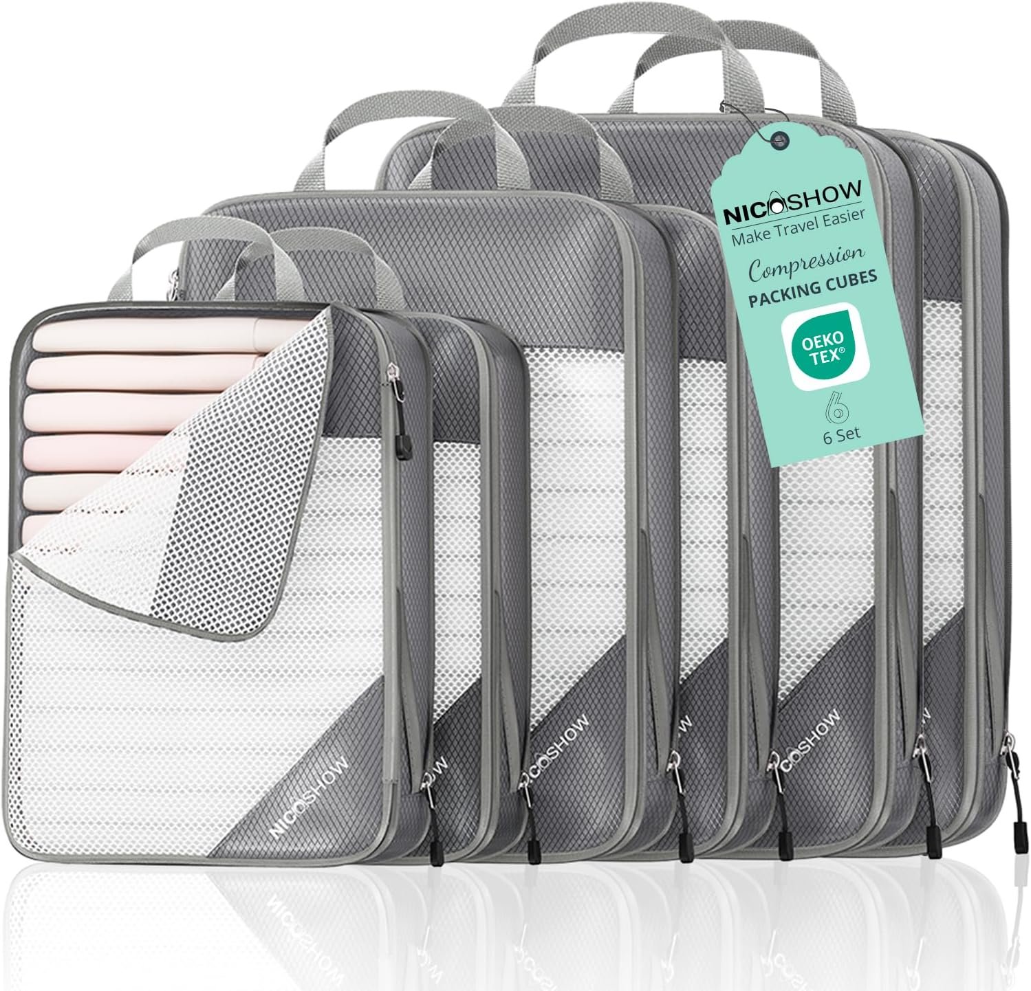 6 Set Compression Packing Cubes for Travel – Compressible, Lightweight, and Space-Saving Packing Cubes, Travel Essentials for Women, Grey