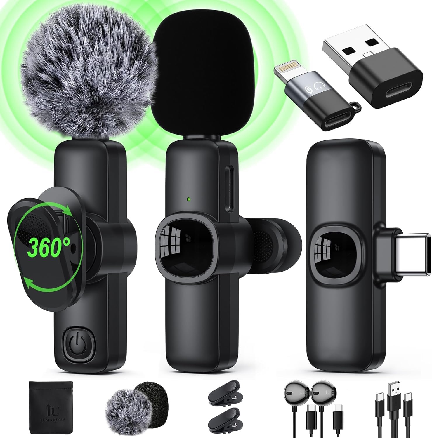 Wireless Lavalier Microphone for iPhone/Android Phone/Laptop/PC, IUMAKEVP 360° Adjustable Clip on Microphone with 100FT Transmission Distance and Noise Cancellation for Vlog, Interview, TikTok (2 Mic)