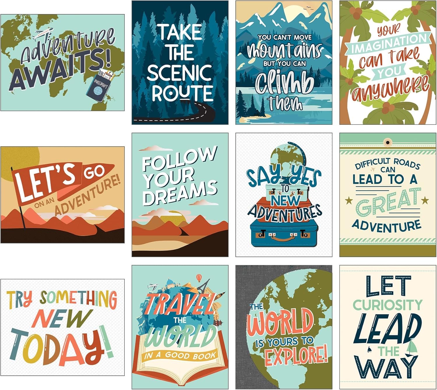 Carson Dellosa Let’s Explore Travel 12-Piece Classroom Posters, Retro, Adventure Classroom Decor Wall Art with Inspirational Quotes
