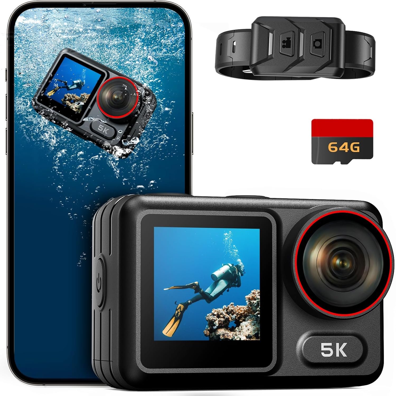 ODDV 5K30FPS Waterproof Action Camera with 64GB Card, IPX7 & 34FT Underwater Cameras, EIS 2.0 Stabilization, 2.4″ Touch Screen, 2x1350mAh Batteries for Diving, Cycling, Outdoor Sports (Black)