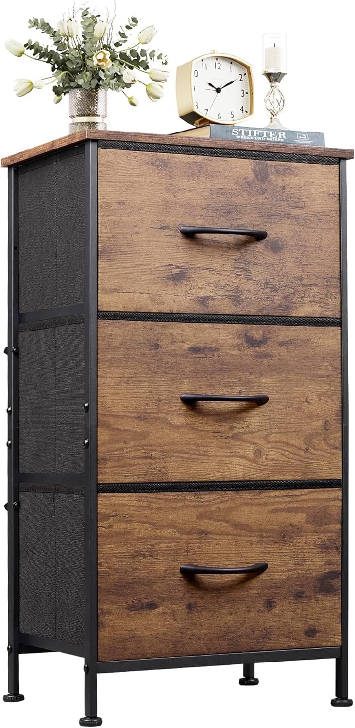 WLIVE Dresser with 3 Drawers, Fabric Nightstand, Organizer Storage Dresser for Bedroom, Hallway, Entryway, Closets, Sturdy Steel Frame, Wood Top, Easy Pull Handle, Rustic Brown Wood Grain Print