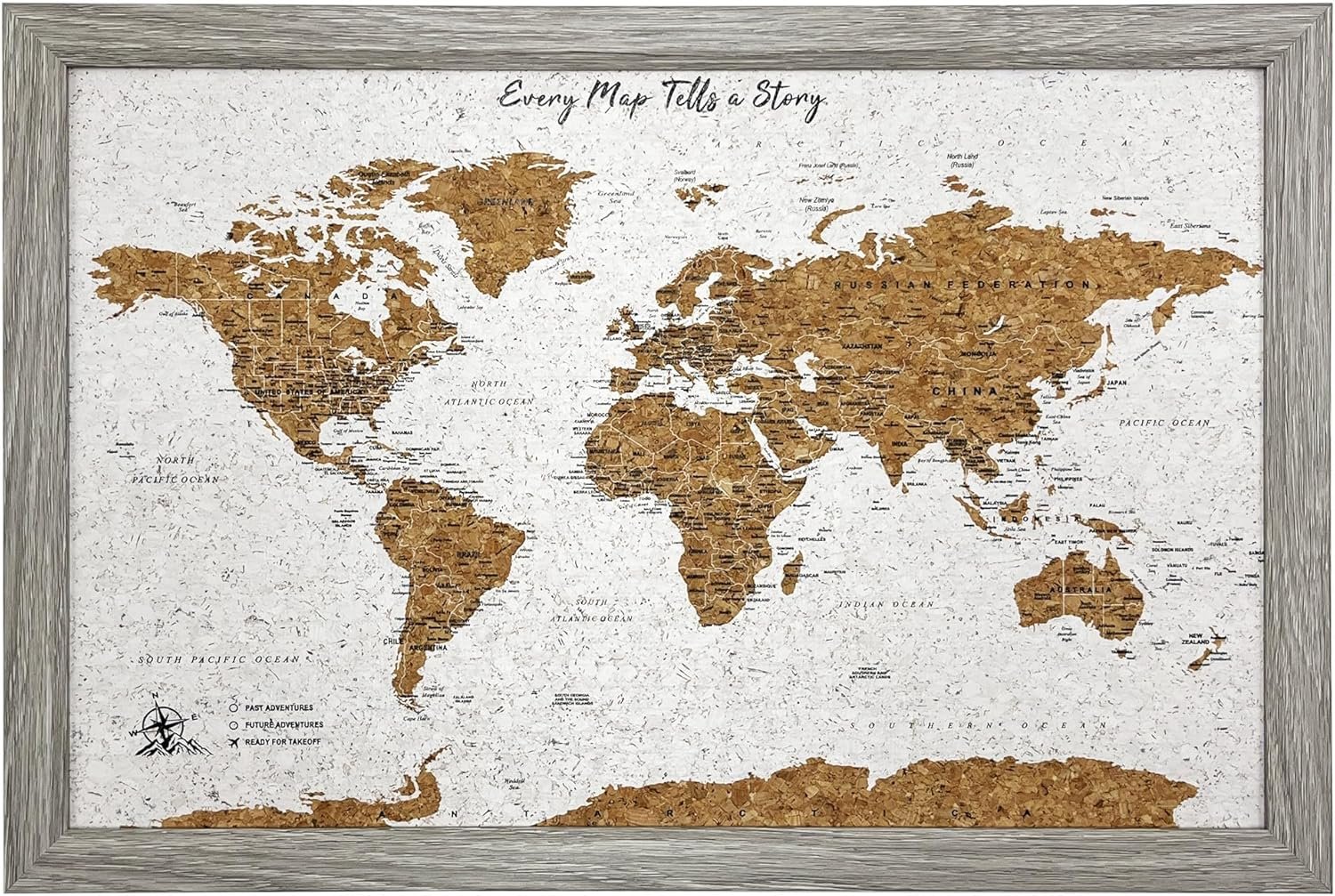 World Map Pin Board Travel Map Gray Frame | Framed Pinboard | Cork Wooden Design | 70 Push Pins Included | 14.2” x 21.2” Personalised Home Wanderlust Decor for Travelers