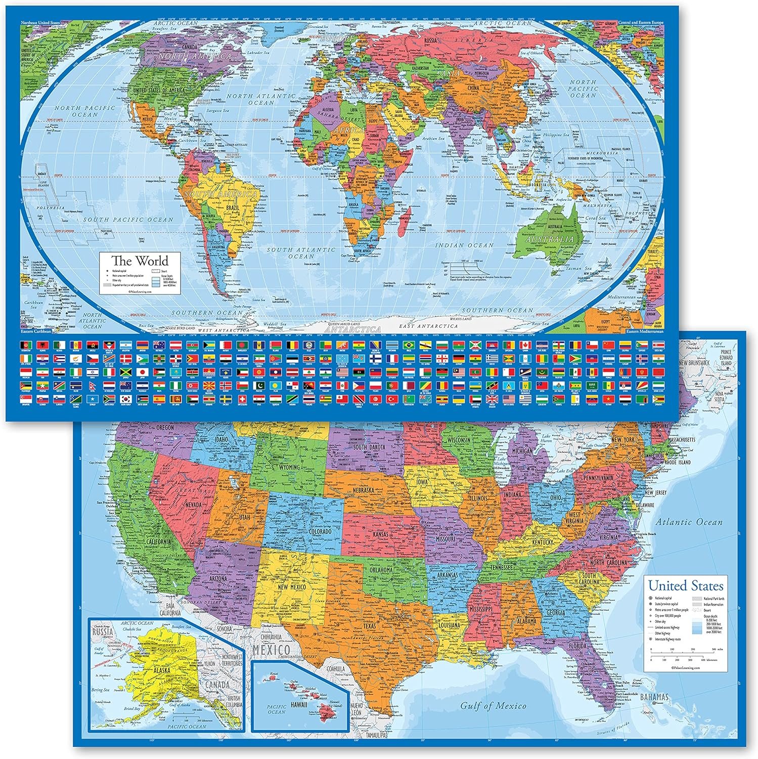 2 Pack – Laminated World Map Poster & USA Map Set – Equal Earth world map design shows continents at true relative size – US Map 18” x 29”