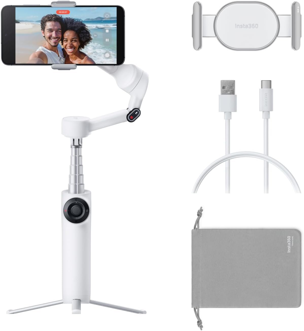 Insta360 Flow 2 White – Foldable AI Gimbal for iPhone, AI Tracking, Multi-Person Tracking, Built-in Tripod/Selfie Stick, Remote Control, iPhone/Android Portable Stabilizer