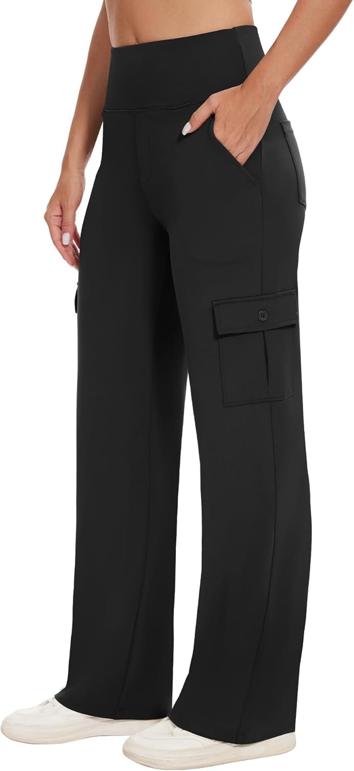 Yoga Cargo Pants Women Wide Leg Pants with Pockets High Waist Stretch Dress Casual Business Work Travel Pants