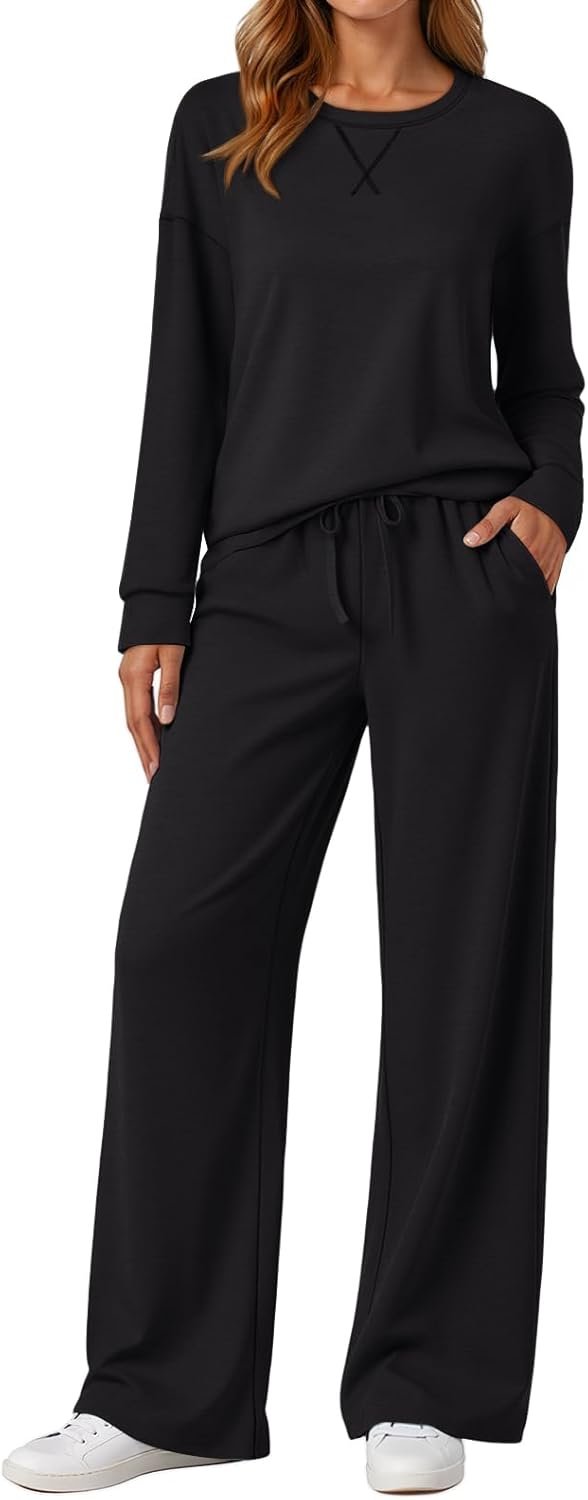 AUTOMET Womens Sweatsuits 2 Piece Sets Travel Outfits 2025 Fall Matching Lounge Set Oversized Sweatshirt Wide Leg Pants