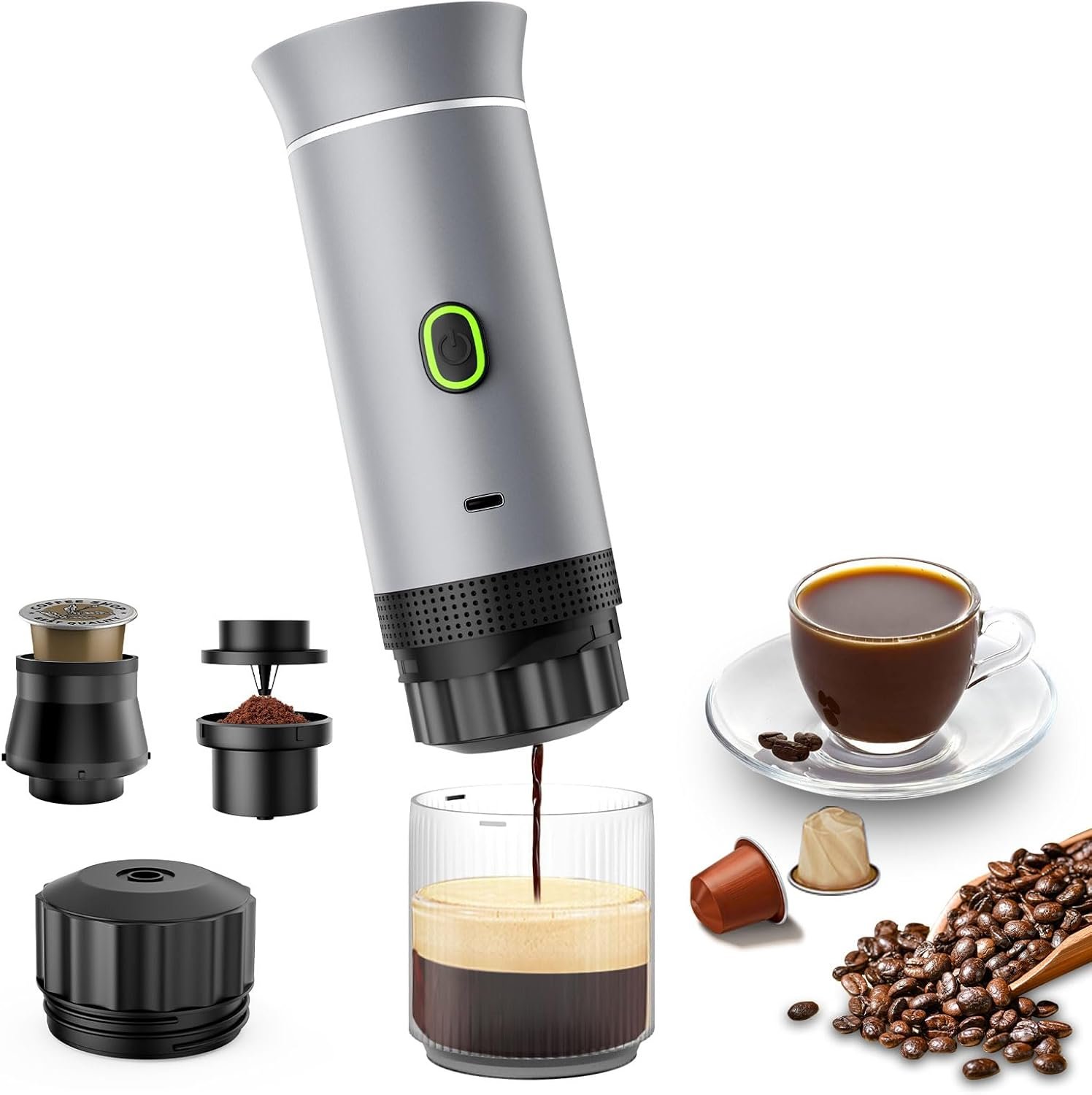 Portable Coffee Maker, Espresso Machine for camping, Travel Coffee Maker with USB-C, 3-in-1 Small Espresso Machine with Ground Coffee & Capsules (NS＆DG) for RV, Hiking, Office(Silver)