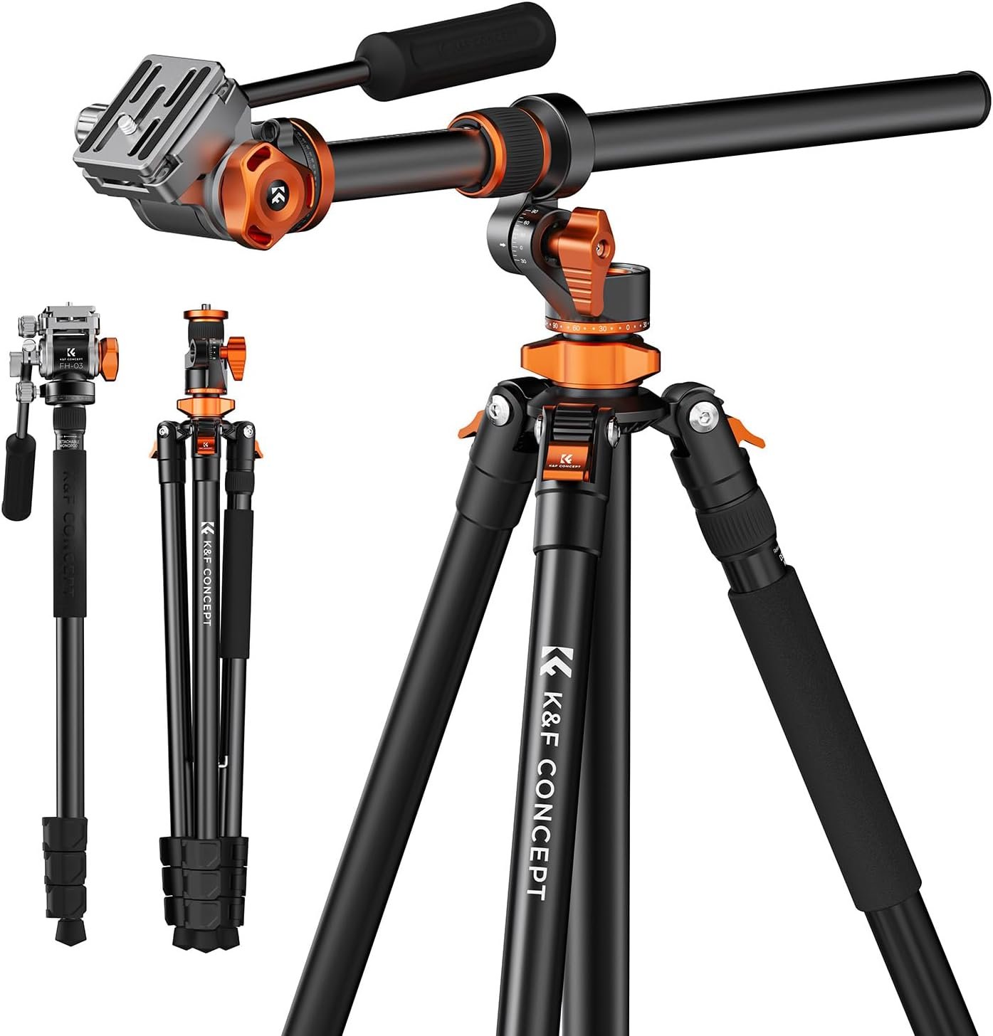 K&F CONCEPT 90”/230cm Overhead Camera Tripod, Horizontal Shooting Video Tripods with Fluid Head Heavy Duty, Detachable Monopod, for Indoor and Outdoor Use T254A7+FH-03