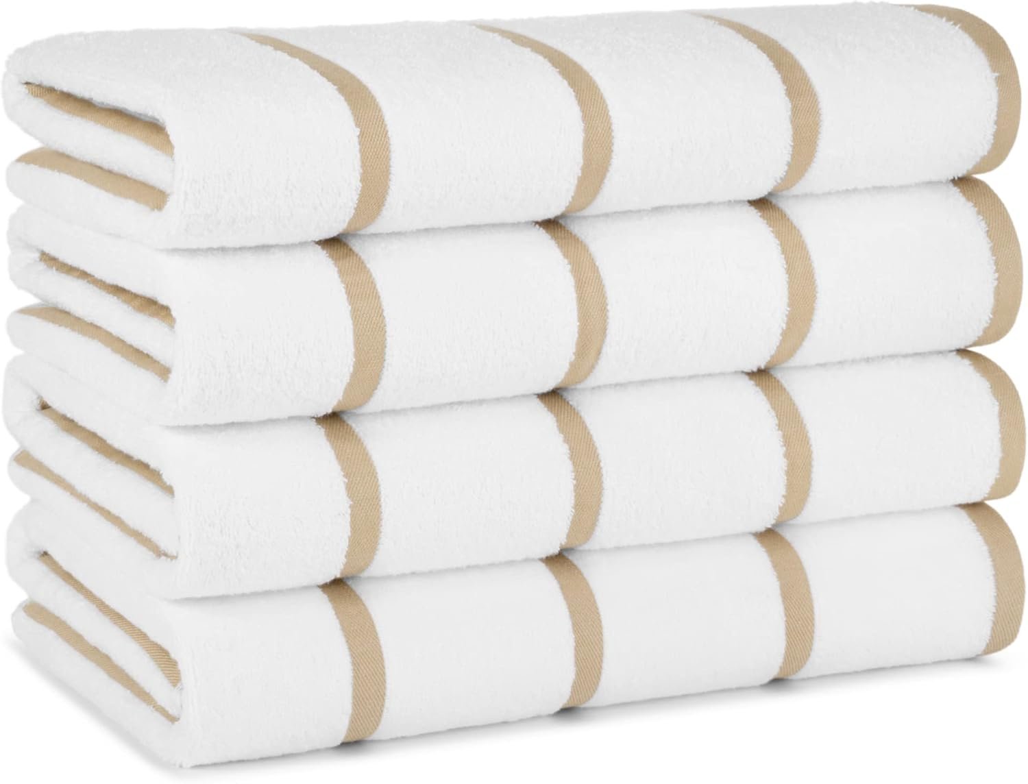 Arkwright Las Rayas Striped Beach Towel – Pack of 4 – Soft Plush Quick Dry White Cotton Terry Towels Set for Pool, Swim, and Hot Tub, 480 GSM Thick & Absorbent, 30 x 60 in, Beige