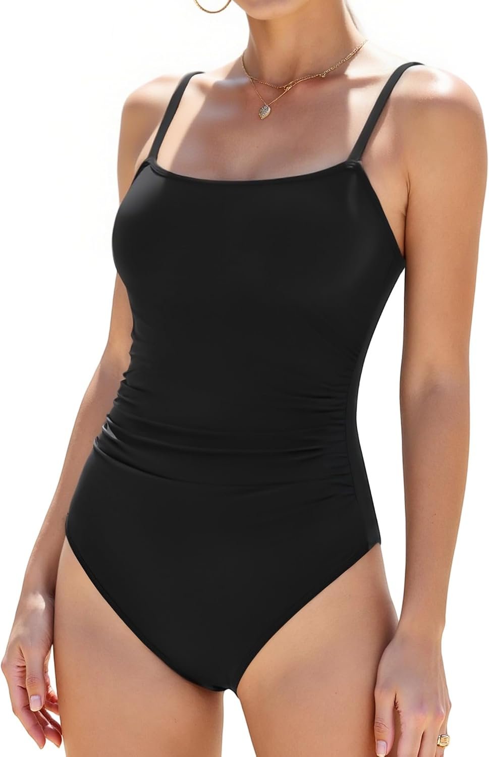 Buauty Women’s One Piece Swimsuits Ruched Slimming Bathing Suits Square Neck Adjustable Spaghetti Straps Swimwear