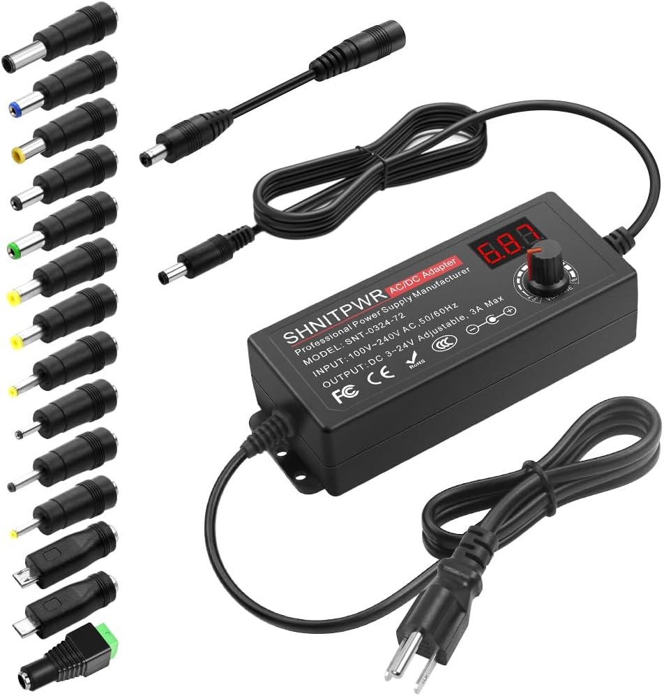 SHNITPWR 3V ~ 24V 3A 72W Power Supply Adjustable DC 3V 5V 6V 9V 12V 15V 16V 18V 19V 20V 24V Variable Universal AC/DC Adapter 100V-240V AC to DC Converter with 14 Tips 5.5×2.5mm 4.0×1.7mm 3.5×1.35mm