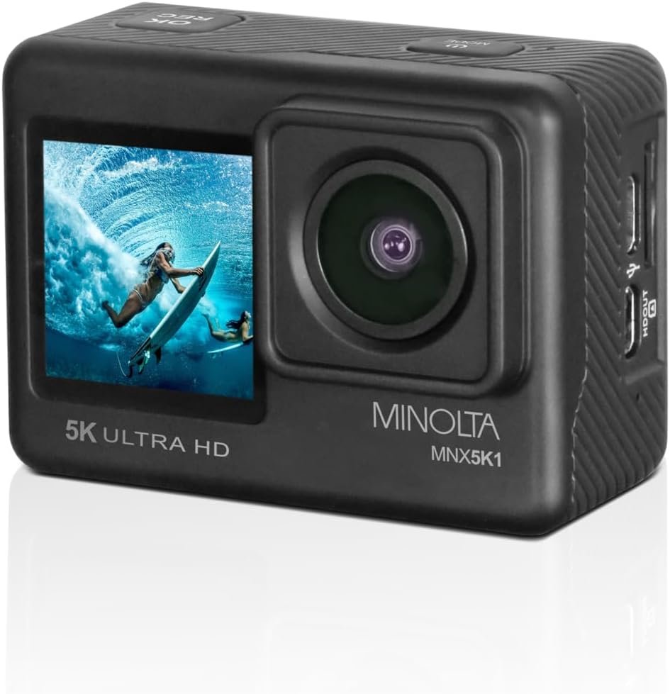 Minolta Action Camera – 5K Ultra HD at 30fps, 24MP Photos, 170° Wide-Angle Lens, Dual LCD Screens, Waterproof Case to 100ft, Wi-Fi Control, Sports Cam Kit (Black)