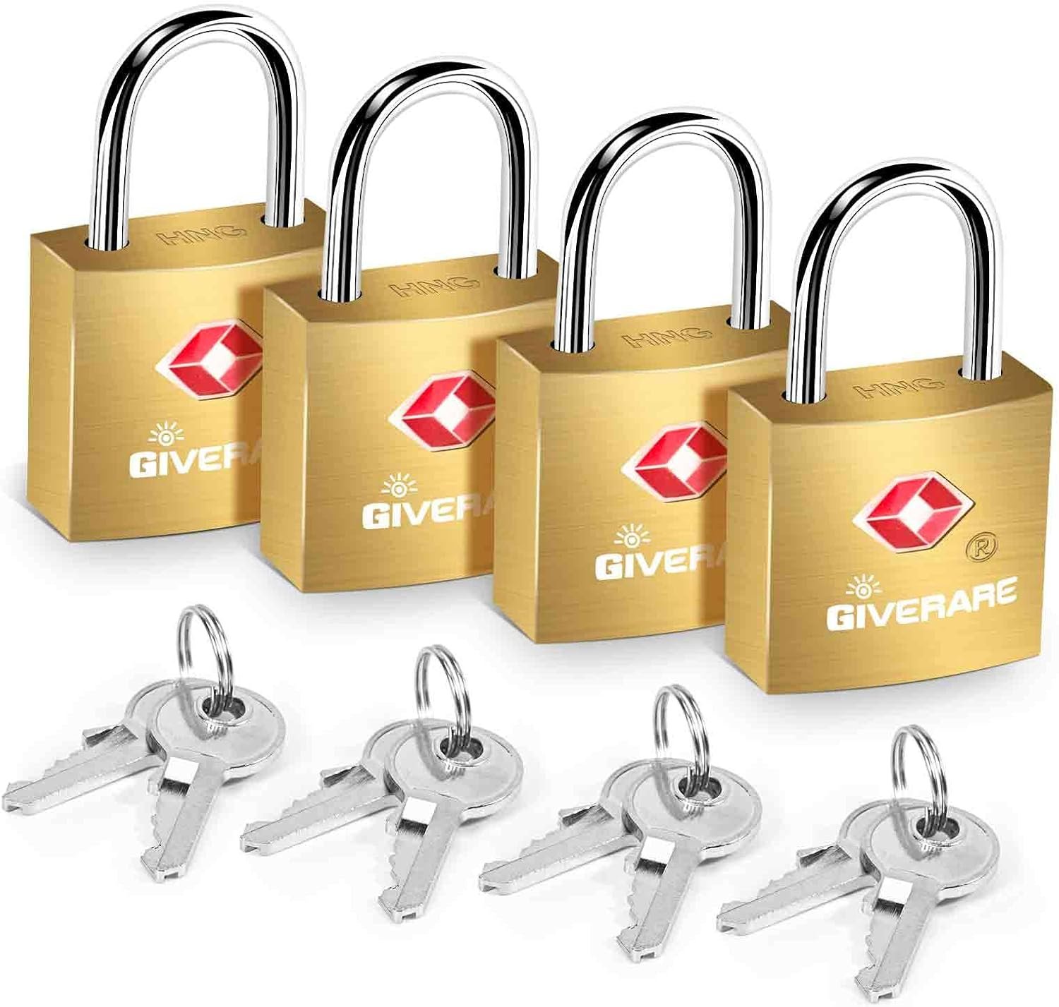 4 Pack TSA Approved Travel Luggage Locks with Keys, Solid Brass Copper Keyed Padlock, Small Locks for Suitcase, Backpack, Gym Locker, Jewelry Box, Gold-by GIVERARE