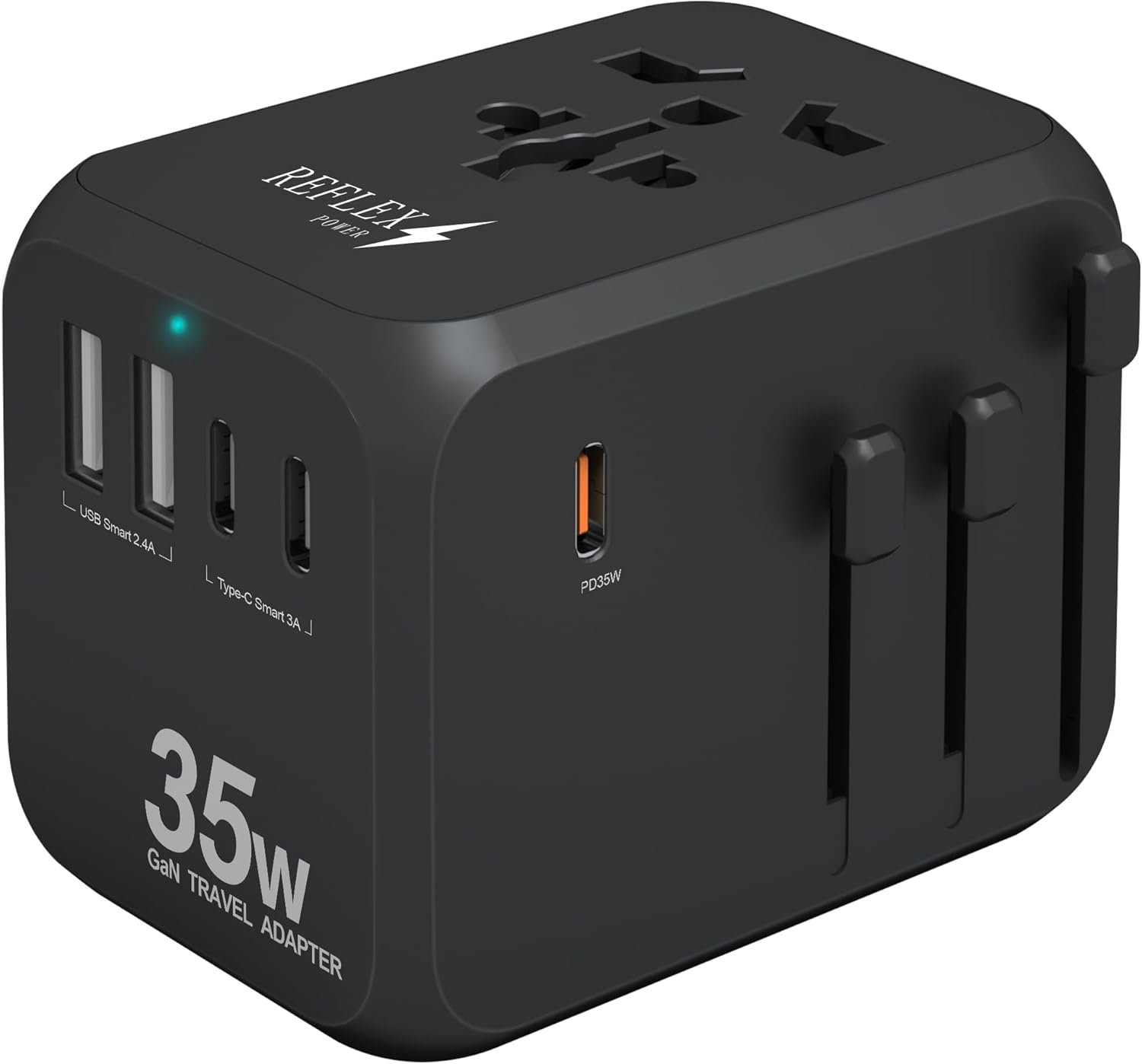 Reflex Power Universal Travel Adapter & GaN Charger, 35W PD Fast Charger Plug, 2 USB-A & 2 USB-C Ports, International Travel Adapter, Quick Charging Suitable for Europe/USA/Australia/Asia