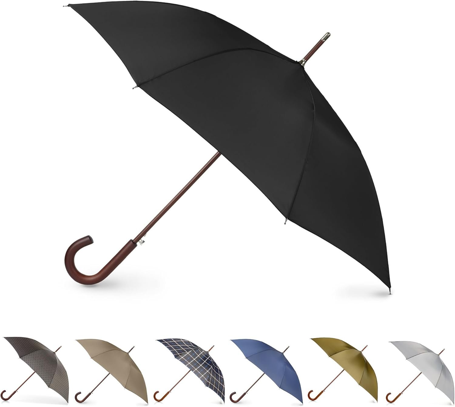 Totes Eco Auto Open Umbrella Classic Wooden J Stick Handle with Easy Grip – Windproof, Rainproof and Durable Canopy Design – Versatile Travel, Perfect for Rainy Days