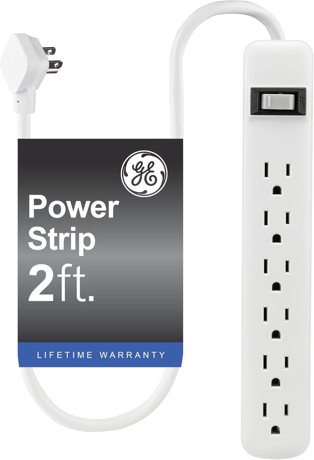 GE 6-Outlet Power Strip, 2 Ft Extension Cord, Heavy Duty Plug, Grounded, Integrated Circuit Breaker, 3-Prong, Wall Mount, UL Listed, White, 14830