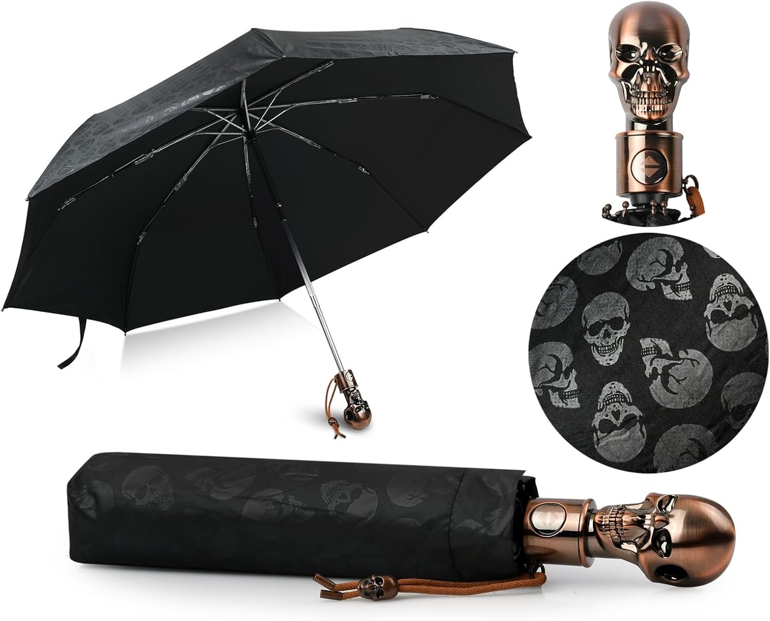 DS. DISTINCTIVE STYLE UV Umbrella Skull Parasol Folding Umbrella Automatic Open and Close Sun Umbrella for Walking with Black Anti-UV Rubber Layer