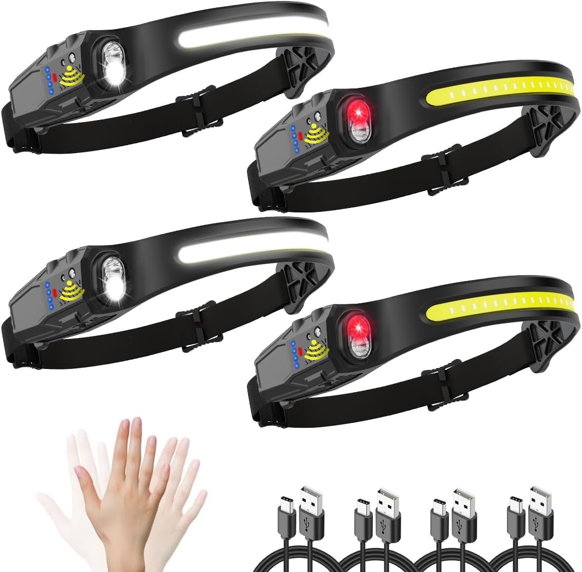 Headlamp Rechargeable 4Pack, 230° Wide Beam Head Lamp, LED Headlamp with Motion Sensor, 7Mode Head Lights for Forehead, Bright Headlamps for Adults, Red Light Headlight, Hard Hat Light, Camping Gear