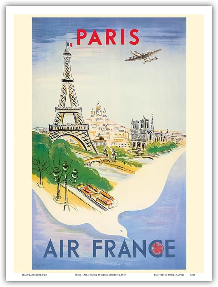 Paris – Capital of France – Eiffel Tower – Vintage Airline Travel Poster by Régis Manset c.1947 – Master Art Print (Unframed) 9in x 12in