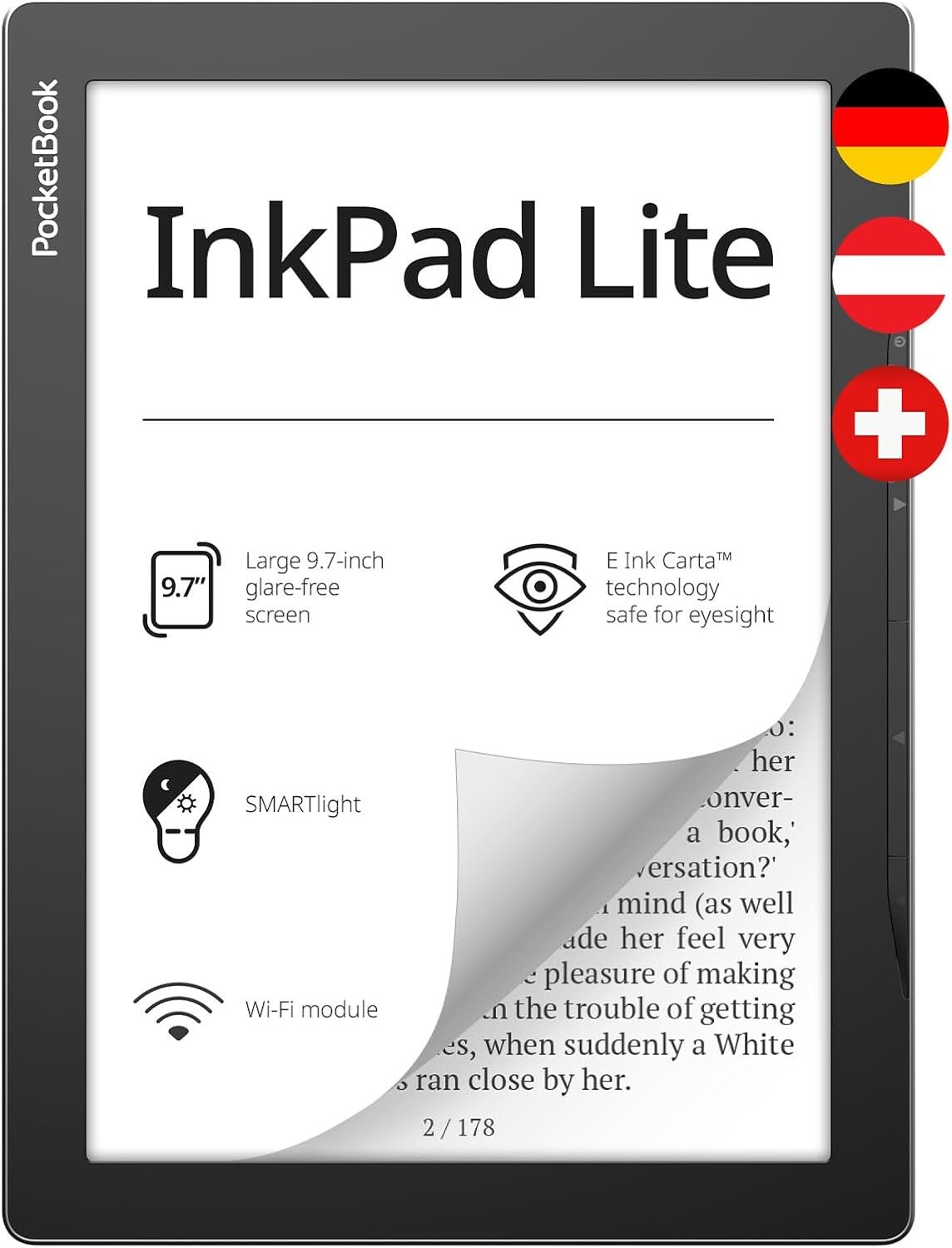 PocketBook InkPad Lite | E-Book Reader with Large E-Ink Screen 9.7ʺ | Glare-Free & Eye-Friendly E-Reader | Wi-Fi | Adjustable SMARTlight | Micro-SD Slot | E-Readers for Kids, Adults & Seniors